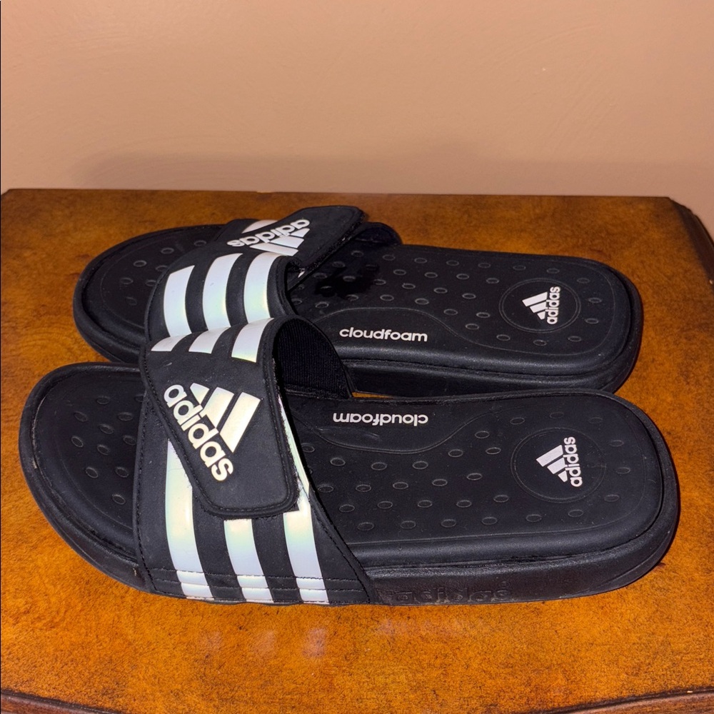 Adidas Black and White Striped Slides - Picture 4 of 5
